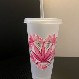 Custom Pink Leaf Design Tumbler with Straw